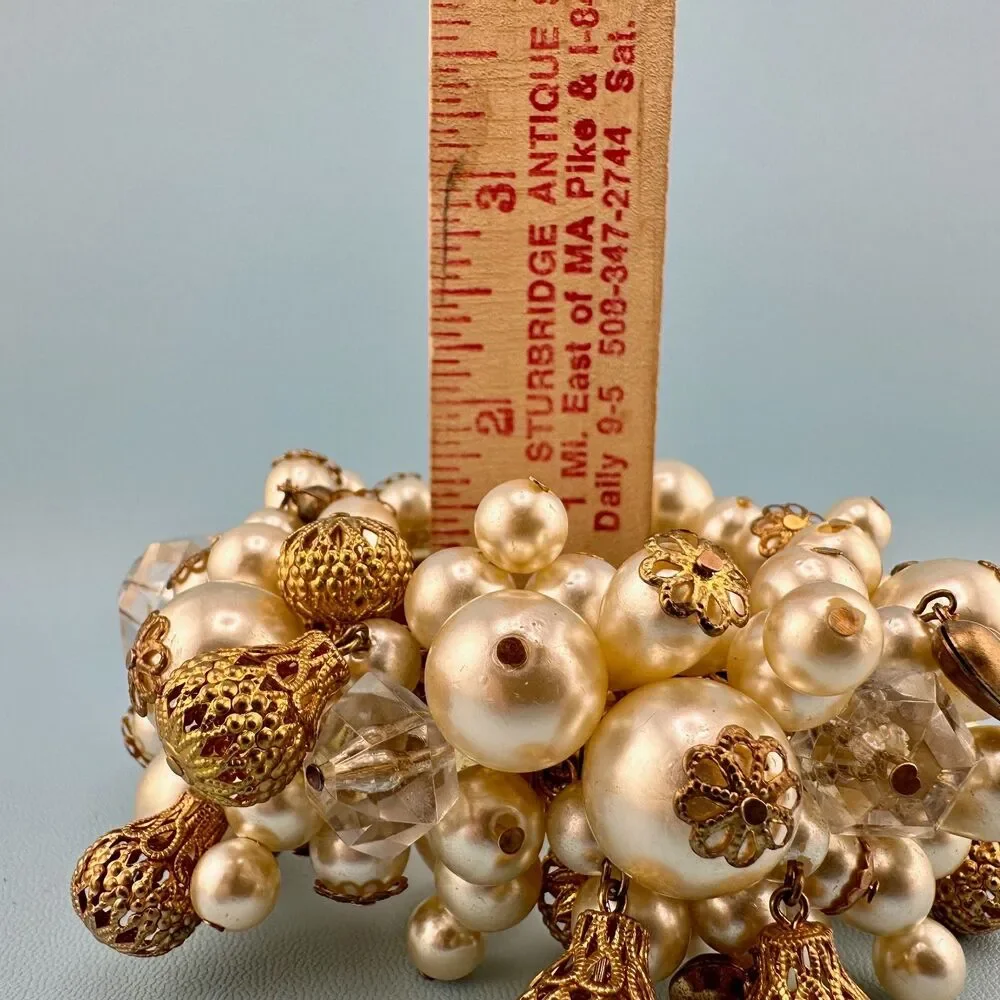 Vintage Cha Cha Bracelet Faux Pearl Filigree Ball Lucite Crystal Heart Expansion